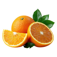 Whole orange sliced orange halves and orange wedges with fresh green leaves transparent background