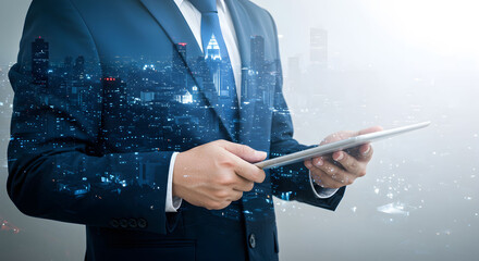 Businessman in suit using tablet with cityscape overlay