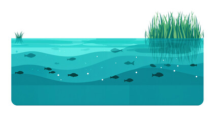 Underwater ecosystem with fish swimming in a pond with grass growing on the edge