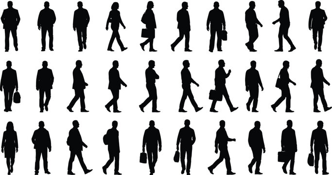 Black silhouettes of diverse people walking, various poses and postures, carrying bags, gait analysis, motion study, human stride vector illustration