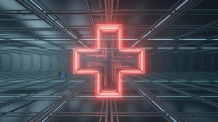 Glowing neon red cross symbol illuminating a futuristic metallic grid tunnel