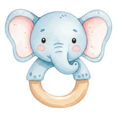 Cute watercolor blue elephant baby teether with wooden ring and pink accents transparent background