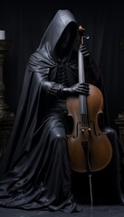 Portrait of a cellist in a black gothic dress performing in a rich concert hall.