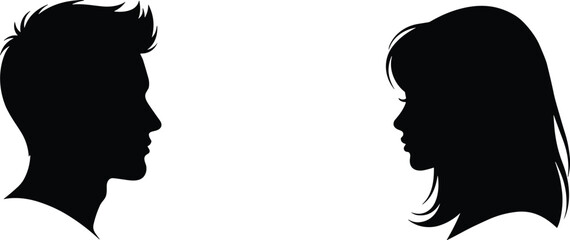 Black silhouette vector of two side profile heads facing each other, showcasing male and female hairstyles and facial features