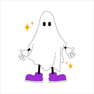 Groovy cartoon cute chost character in retro 80s style for Halloween illustration