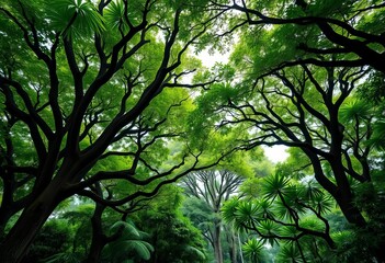 Obraz premium Lush green canopy, vibrant flora, dense foliage, ancient trees, humid air, jungle, wallpaper