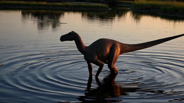 A Dinosaur Silhouette Against a Sunset Backdrop, Wading Through Water With Rippling Reflections and a Serene Horizon in View