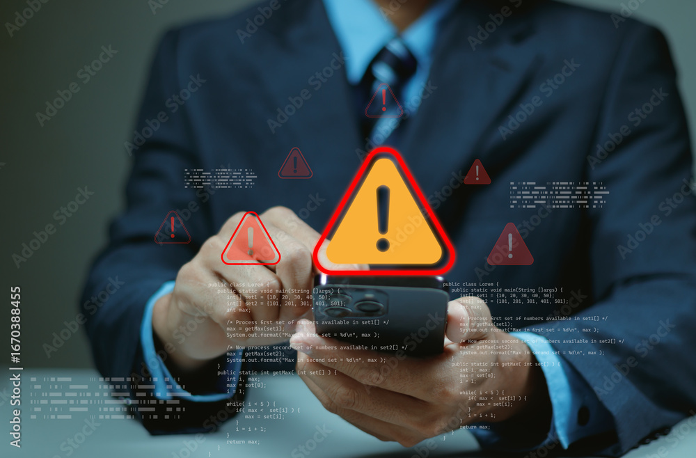 Poster ransomware malware attack and data breach. businessman using laptop with spam virus on warning cauti