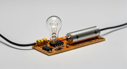 Simple circuit with glowing light bulb powered by a battery  