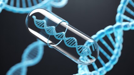 A safety pin secures a glowing blue dna double helix against a dark background