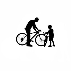 Obraz premium Father and son fixing bicycle silhouette isolated on white background
