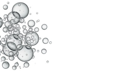 Transparent, static water bubbles, various sizes, clustered, on a transparent background with copy space, high-key lighting. Concept of innovation and clarity.