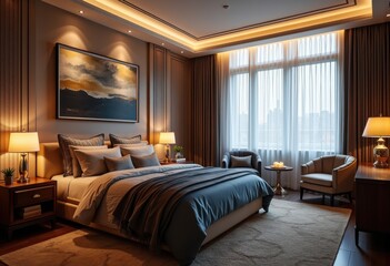 Fototapeta premium luxurious modern bedroom with a harmonious blend of warm lighting, soft textures, and elegant furniture, featuring a large window with sheer curtains and a captivating abstract painting, room