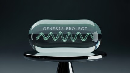 Clear glass sphere with engraved wave pattern and text on a dark pedestal