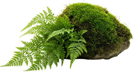 Lush green fern fronds grow across a moss covered rock isolated for easy use plant nature greenery foliage transparent background