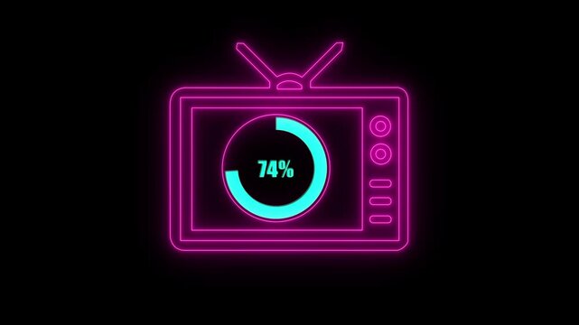 Numerical counting from 0 to 74. Circular progress bar with bright neon light , countdown animation timer circle countdown with television icon, live, stream, exercise, workout transparent background.