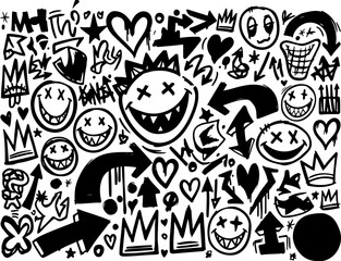 Abstract Graffiti Doodle Pattern with Smiley Faces and Arrows