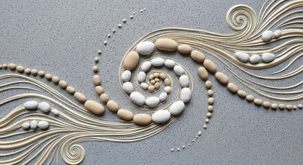 Elegant Spiral Pattern of White and Beige Pebbles on Grey Sand Background Artistic Design