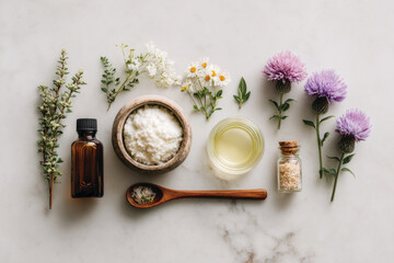 Flat lay of natural organic skincare products with herbs and flowers on light background 