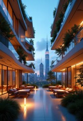 Fototapeta premium luxurious apartment terrace at twilight with modern furniture surrounded by lush greenery, overlooking a cityscape with illuminated skyscrapers under a serene evening sky, metropolis, peaceful