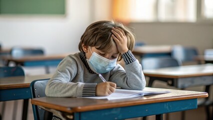 Child in Classroom Wearing Mask Studying