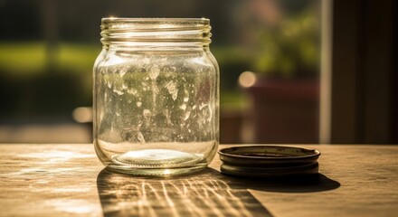 Empty Glass Jar with Lid on Wooden Surface in Natural Light