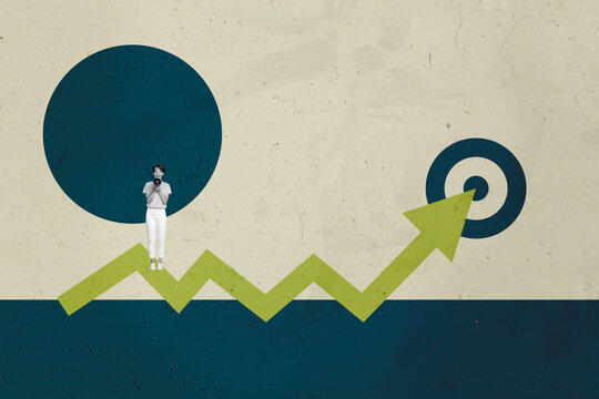 Collage with person observing rising arrow symbolizing startup growth business income statistics trading decrease increase