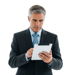 Confident mature businessman in suit uses tablet for tasks, showcasing leadership, technology, and strategic vision in modern work environment, reflecting expertise and professionalism