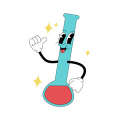 Cute cartoon test tube character in retro 80s style for school and education illustration