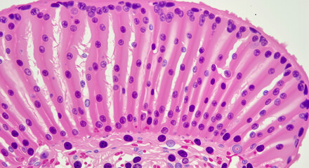 Microscopic view of pink and purple cell structure in tissue sample  