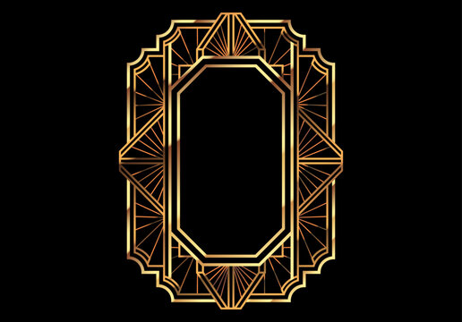 Art deco frame with golden geometric lines, roaring 20s frame for retro party poster