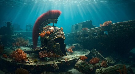 Underwater Still Life: Roman Helmet Amidst Coral Reef and Shipwreck