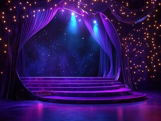 A stage with purple curtains, steps, and twinkling lights, lit by spotlights. Great for theater promotions, event planning visuals, and performance - themed designs.