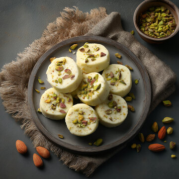Top view of sandesh pieces with pistachio garnish, natural lighting, realistic textures.