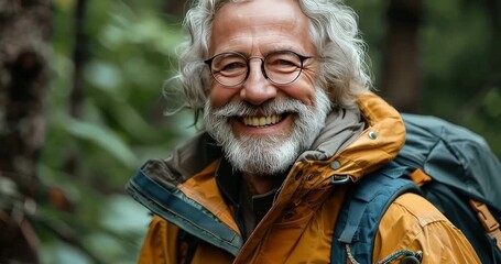 An old Caucasian man in an orange jacket with eyeglasses and with backpack during a hike in a forest. The seasoned hiker embraces nature as he treks through the forest. - Powered by Adobe