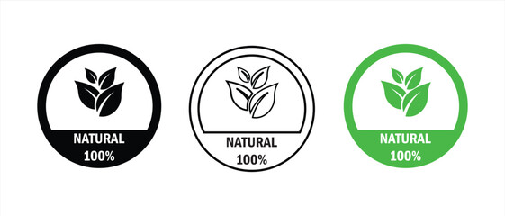 Natural icon. 100 organic illustration sign. Vegetarian logo, badge or symbol. Chemicals free stamp, logo, logotype, sticker, emblem, mark or seal isolated