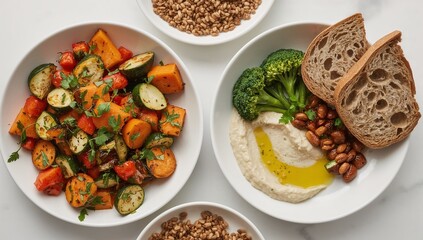 A top-down view of two large white bowls filled with wholesome food. One bowl has roasted vegetables, while the other has hummus, broccoli, beans, and bread.