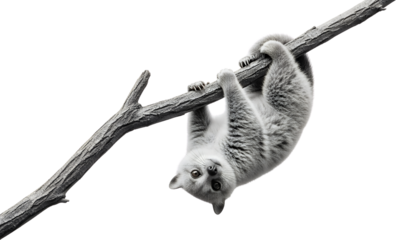 A grey cat with wide eyes hangs upside down from a branch its paws gripping tightly animal pet feline transparent background