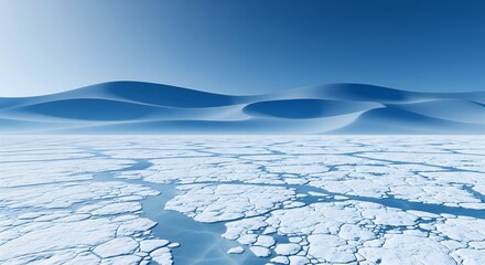 A vast, serene landscape of a frozen arctic plain with cracked ice under a cold blue sky. A concept for winter, climate, and the pristine environment.