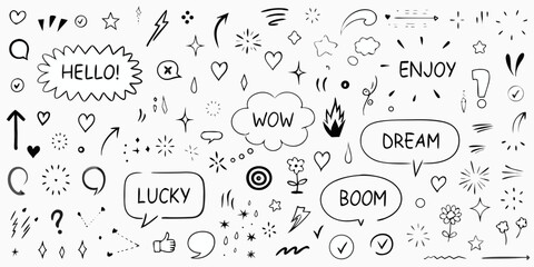 Black and White Hand Drawn Doodle Elements with Text and Symbols vector illustration