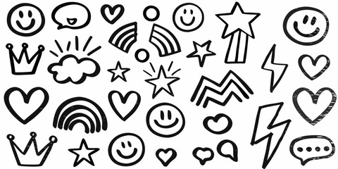 Black and White Hand Drawn Doodle Icons and Symbols on White Background vector illustration