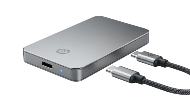 Portable external gray hard drive with usb c cables