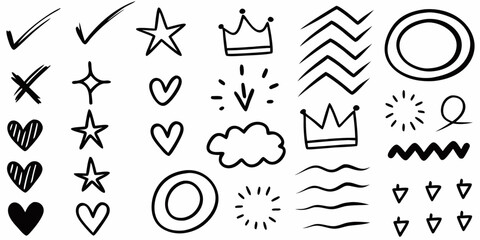 Collection of Hand Drawn Doodle Elements Including Hearts Stars Checkmarks and Crowns
