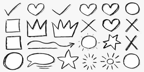 Set of Hand Drawn Doodle Symbols Including Hearts Stars Checkmarks and Crowns sketch