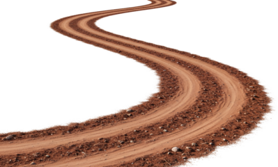 Winding rural dirt road with visible tire tracks and scattered stones leading into the distance path transparent background
