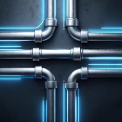 Metal pipes intersecting on a dark wall, highlighted with blue neon lights, creating an industrial and futuristic look.