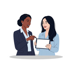 Dynamic diverse businesswomen strategizing on tablet, brainstorming innovative ideas for digital marketing campaign, fostering collaboration and growth in modern workspace, teamwork