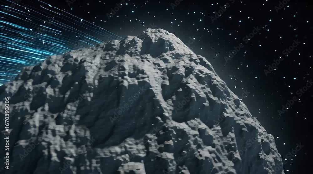Poster futuristic asteroid with speeding light trails in dark space environment