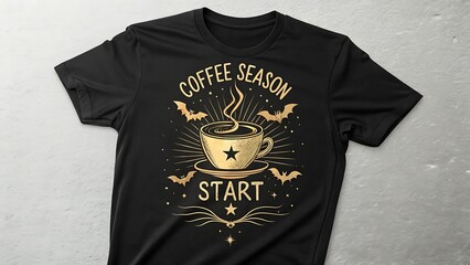Dark and mysterious coffee themed t shirt design featuring a steaming cup and gothic elements