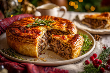 christmas meat pie on holiday table